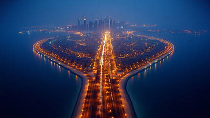 Fototapeta premium stunning aerial view of Dubai's iconic Palm Jumeirah island, showcasing its unique palm tree shape, luxury residences, turquoise waters, and intricate network of waterways, symbolizing innovation and 