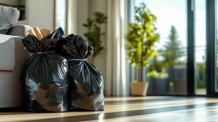 Different types of garbage bags and waste bin,recycling and separate waste collection concept,Set of red green,blue buckets for trash with sign arrow,full waste bin at clean modern house.