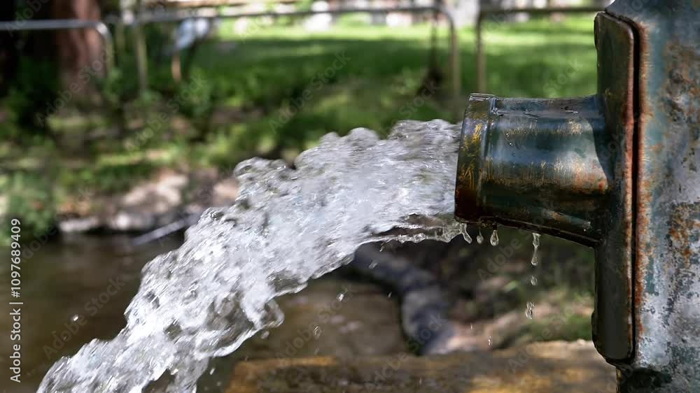 Poster water flows from an old rusty pipe into a pond, creating ripples. close-up slow motion shot. depicts