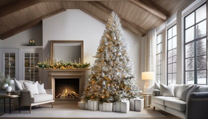 Cozy rustic white family living room with christmas tree, windows, decorations, beamed ceiling, fireplace