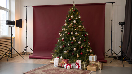 Backdrop for studio photo. christmas tree and gifts on burgundy background