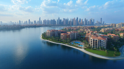 Naklejka premium stunning aerial view of Dubai's iconic Palm Jumeirah island, showcasing its unique palm tree shape, luxury residences, turquoise waters, and intricate network of waterways, symbolizing innovation and 
