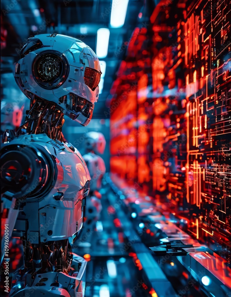 Poster a highly advanced robot interacts with a glowing digital interface in a futuristic, high-tech contro