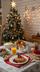 Background with christmas breakfast with decorations on a table