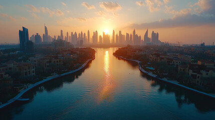Fototapeta premium stunning aerial view of Dubai's iconic Palm Jumeirah island, showcasing its unique palm tree shape, luxury residences, turquoise waters, and intricate network of waterways, symbolizing innovation and 