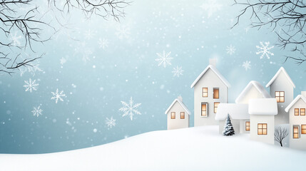 Cozy Winter Village Scene with Snow Covered Houses and Glowing Windows