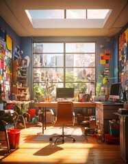 Fototapeta premium A vibrant and creative office space with colorful wall decorations and a large window letting in natural light. The space is designed for productivity and artistic inspiration, featuring an open desk