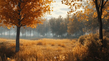 Fototapeta premium A serene autumn landscape featuring golden trees and tall grasses under a soft, cloudy sky.