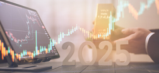 2025 Investment Trends: Businessman Holding Gold Bar with Digital Financial Charts and Market Indicators