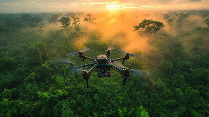 Fototapeta premium AI powered drone monitors deforestation in lush rainforest at sunrise