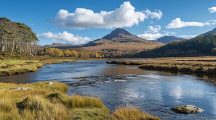 Breathtaking panoramic view of a rugged mountain range with a winding river flowing through a lush autumn colored valley set against a backdrop of a clear blue sky with fluffy white clouds