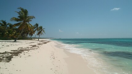 Breathtaking tropical beach scene with white sand turquoise blue waters and swaying palm trees under a clear azure sky  This idyllic paradise invites you to escape relax