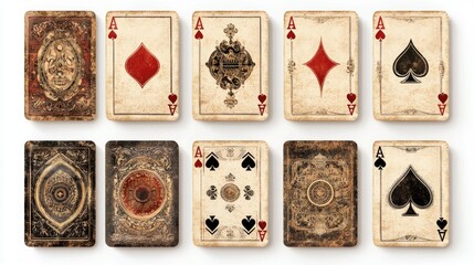 Vintage playing cards featuring ornate designs in red and black, evoking a classic, elegant atmosphere.