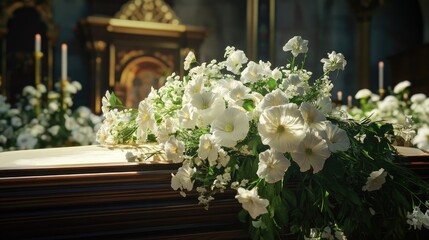 Elegant floral arrangement atop a casket, symbolizing peace and remembrance.