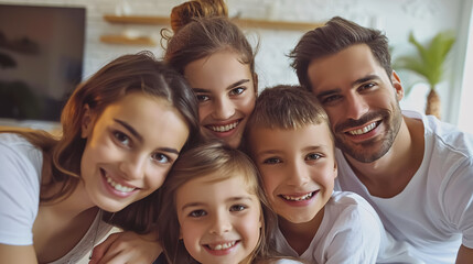 Fototapeta premium Cool team: Beautiful, happy family in white T-shirts hugging and having fun while sitting on the floor and looking at the camera.