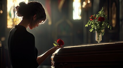 A contemplative woman of Hispanic descent holds a rose near a casket in a dimly lit setting, evoking deep emotions of remembrance.