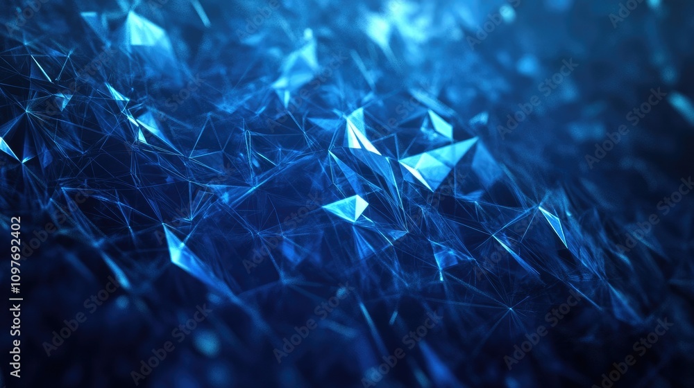 Poster an abstract blue digital landscape featuring intricate triangular shapes and a glowing texture.