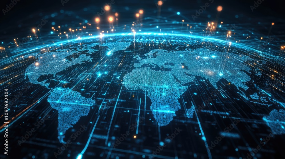 Poster digital global network technology illustration with bright blue connections and glowing data points 
