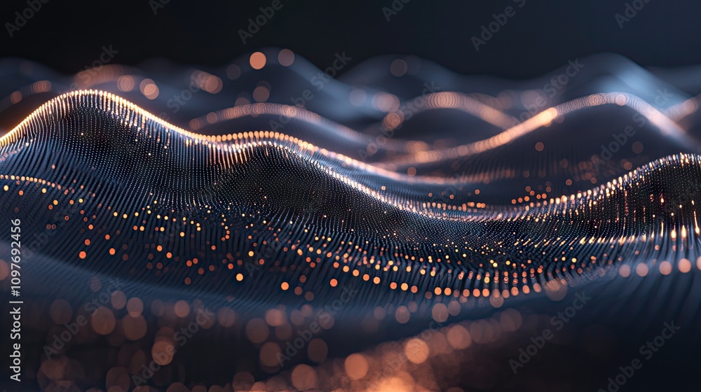 Poster abstract digital landscape with glowing waves and shimmering particles.