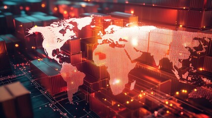 Futuristic digital world map overlaying shipping containers, showcasing global trade and technology.