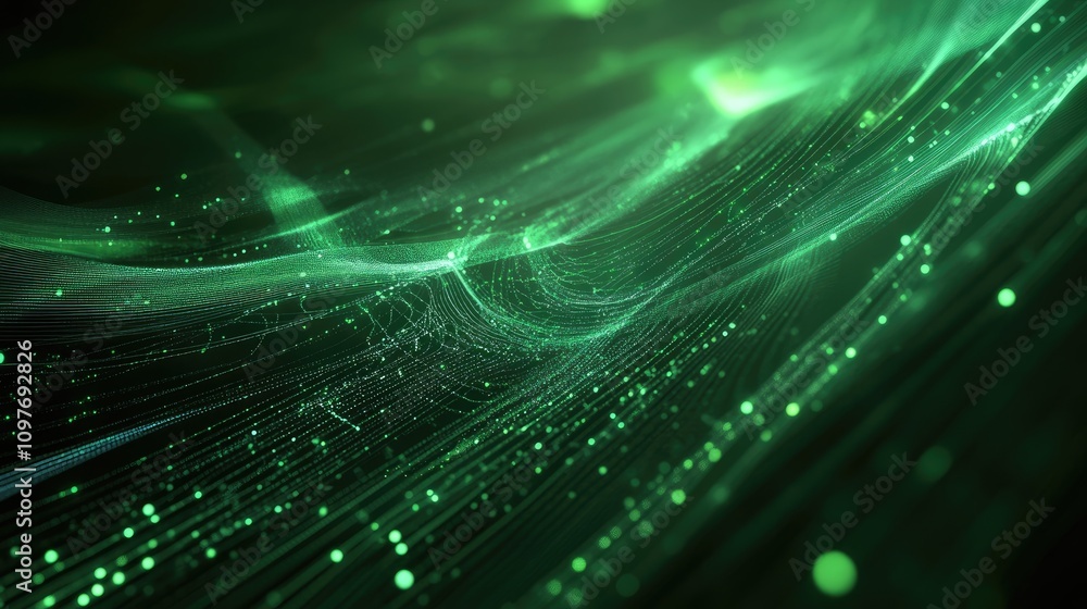 Poster vibrant green abstract digital background with flowing lines and glowing particles.