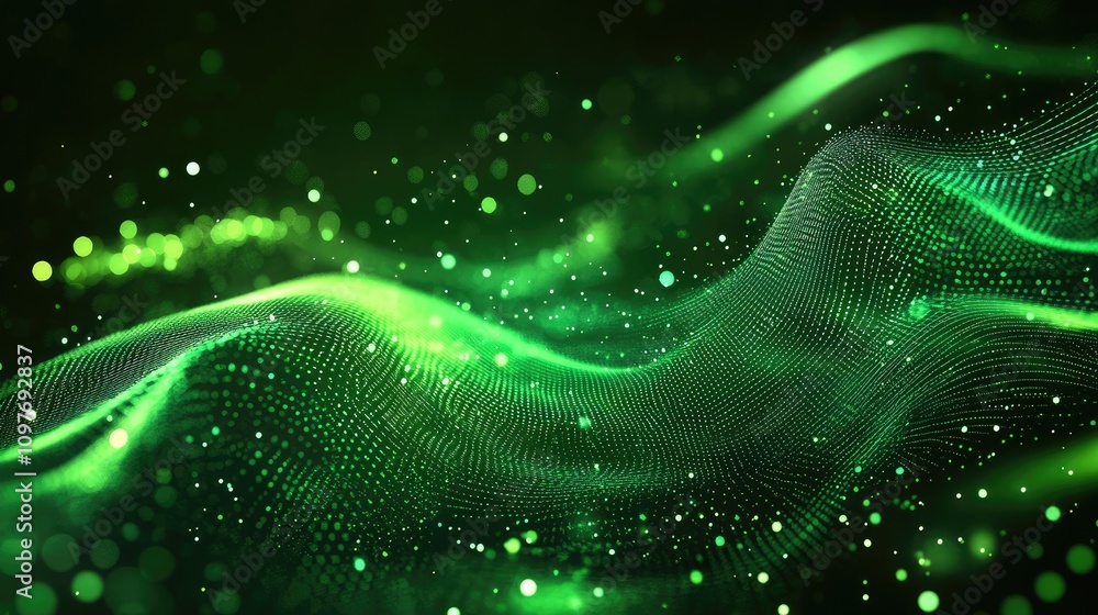 Poster dynamic green abstract wave with glowing dots, conveying a sense of movement and technology.