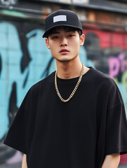 Asian Man Wearing a Black Oversize T-shirt and Black Cap Urban Style and Streetwear Against a Graffiti Wall for Mockups