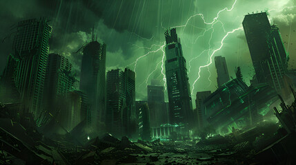 a post apocalyptic sci-fi cityscape view