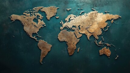 Stylized bronze world map on a textured teal background, highlighting continents with a unique artistic flair.
