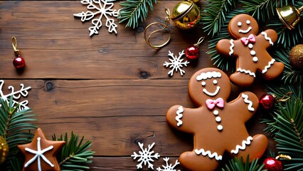 Christmas Gingerbread Men Cookies, Festive Decorations & Tree Branches on Wood