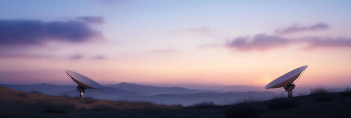 In a serene twilight setting, two large satellite dishes stand amidst a picturesque landscape, reaching toward the pastel sky, symbolizing communication and technology.