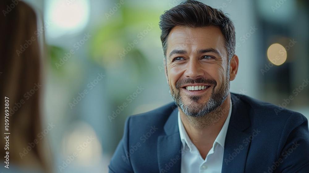Poster employer discussing workplace accident liability with an insurance agent in a formal setting stock p