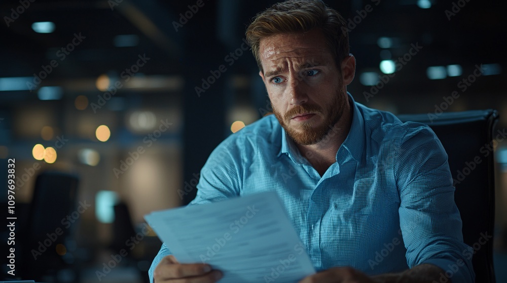 Aufkleber office worker reviewing insurance claim forms after a workplace accident with a concerned expression