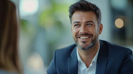 Obraz premium Employer discussing workplace accident liability with an insurance agent in a formal setting Stock Photo with side copy space