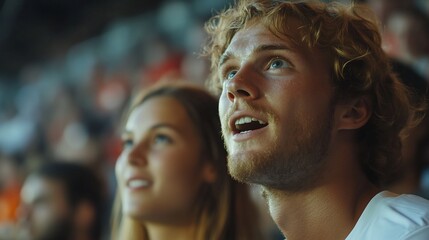 Excited young couple watching a sporting event in a stadium.