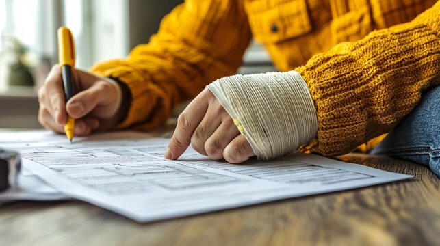 Injured construction worker filling out incident report paperwork while wearing a supportive bandage Stock Photo with side copy space