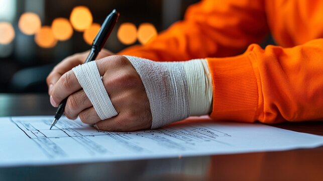 Injured construction worker filling out incident report paperwork while wearing a supportive bandage Stock Photo with side copy space