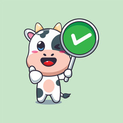 Cute cow with correct sign cartoon vector illustration