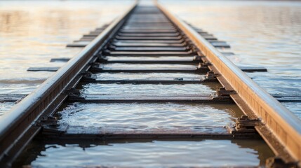 Flooded train tracks disappearing into water scenic landscape photography
