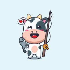 Cute cow catching fish with fishing rod cartoon vector illustration