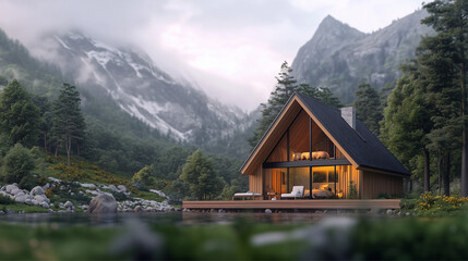Fototapeta premium A charming cabin located by a tranquil lake with mountain views.