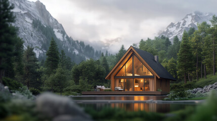 Fototapeta premium A beautifully designed cabin with expansive windows and greenery.