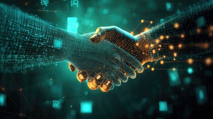 A futuristic handshake symbolizing collaboration between humans and technology in a digital world.