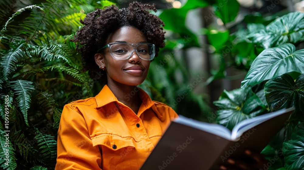 Poster Laborer reading an insurance policy document while seated in a workplace break area Stock Photo with side copy space