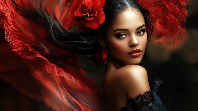A beautiful young Hispanic woman with flowing black hair, adorned with a large red flower, exudes elegance in a striking red dress.