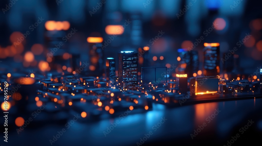 Aufkleber a futuristic cityscape illuminated with glowing lights, creating a vibrant, tech-inspired atmosphere