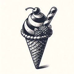 Detailed illustration of a black and white ice cream cone with a cherry, raspberry, and striped candy.