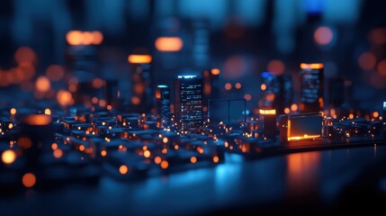 Obraz premium A futuristic cityscape illuminated with glowing lights, creating a vibrant, tech-inspired atmosphere.