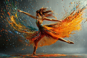 Dancing woman - ballet dancer or performer with colorfu on background. Copyspace. Modern design. Contemporary art collage. Concept of summertime, vacation, mood, beach, travel, leisure activity