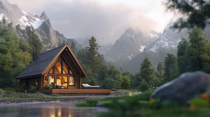 Naklejka premium A cozy cabin set against a backdrop of stunning mountain scenery.